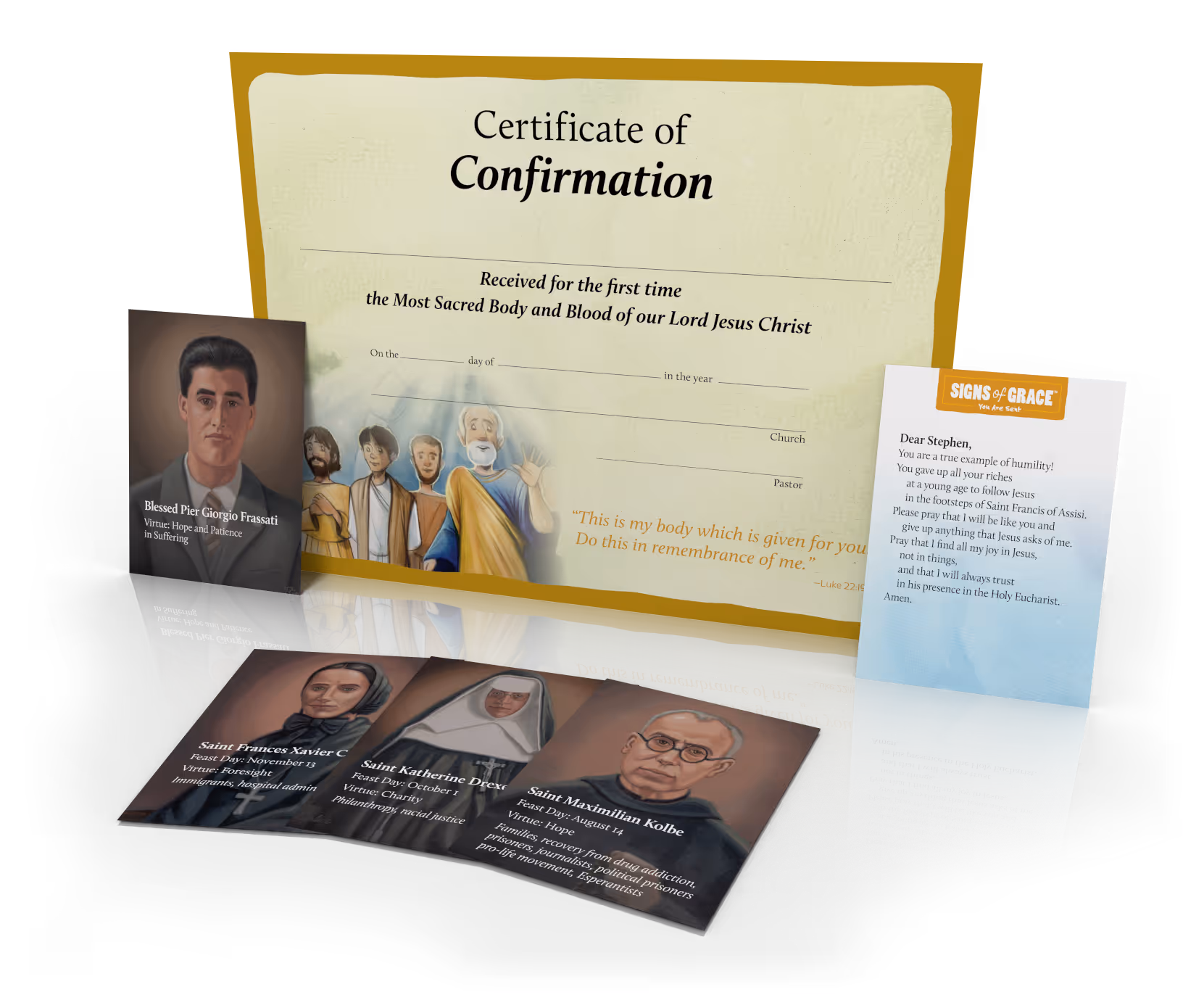 A series of confirmation preparation materials, including a set of saint prayer cards and a Confirmation Certificate.