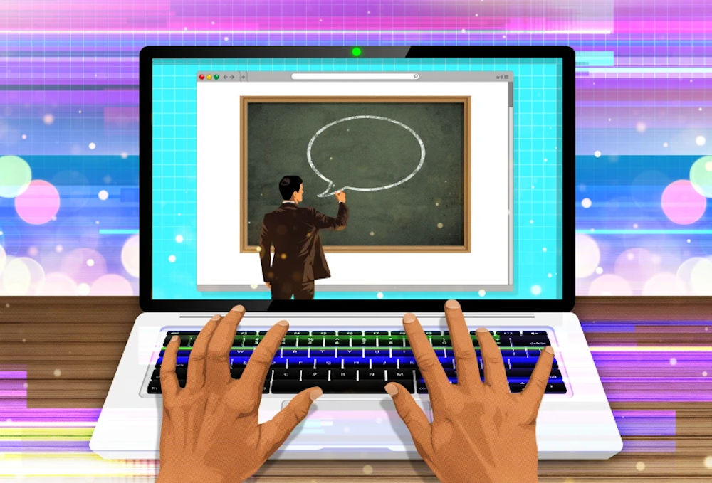 Computer with teacher talking.