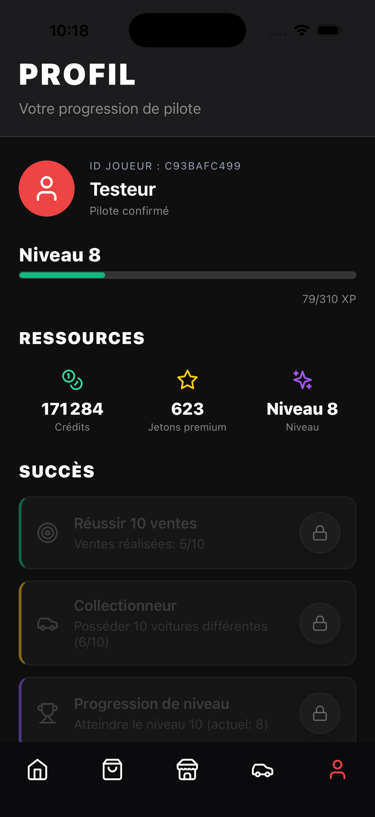 Écran profil utilisateur de niveau 8 avec 171284 crédits, 623 jetons premium, et trois succès verrouillés sur un fond sombre.