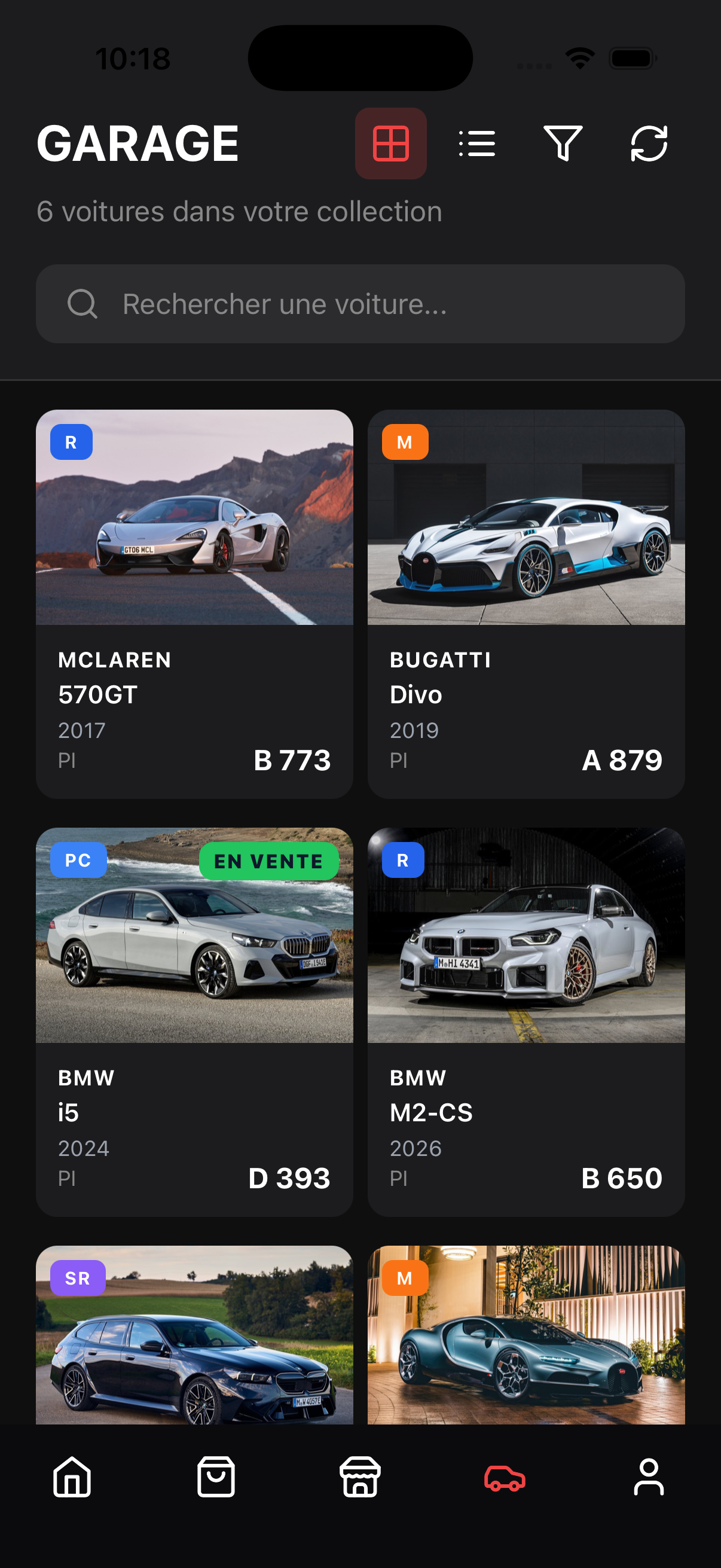 Application de gestion de garage affichant six voitures de collection avec photos, marques, modèles, années et indices de performance.