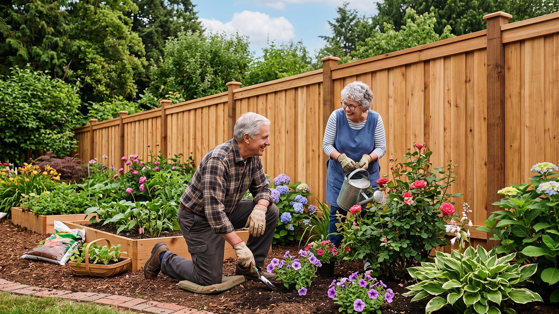 Retired couple gardening in their Knoxville backyard—planting flowers in raised beds along a tall wood privacy fence