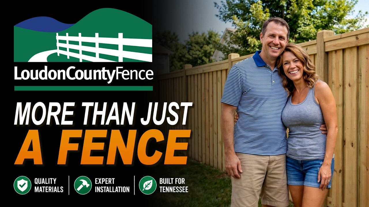 LC Fence installers and an East Tennessee family beside a wood privacy fence built by Loudon County Fence since 1973