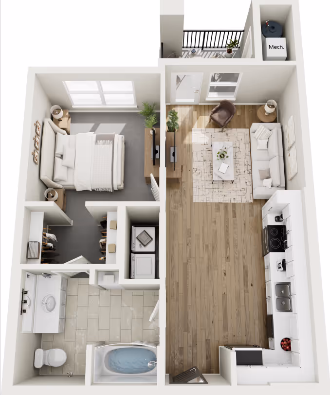 Floor plan rendering of a 1-bedroom, 1-bathroom apartment model at Red Oaks, featuring a private balcony, in-unit laundry, and an open-concept living space.
