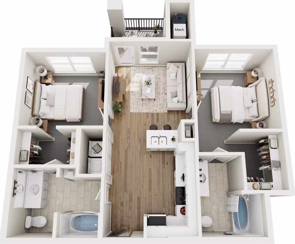 Floor plan rendering of a 2-bedroom, 2-bathroom apartment model at Red Oaks, with bedrooms located on opposite sides of the central living and kitchen area.
