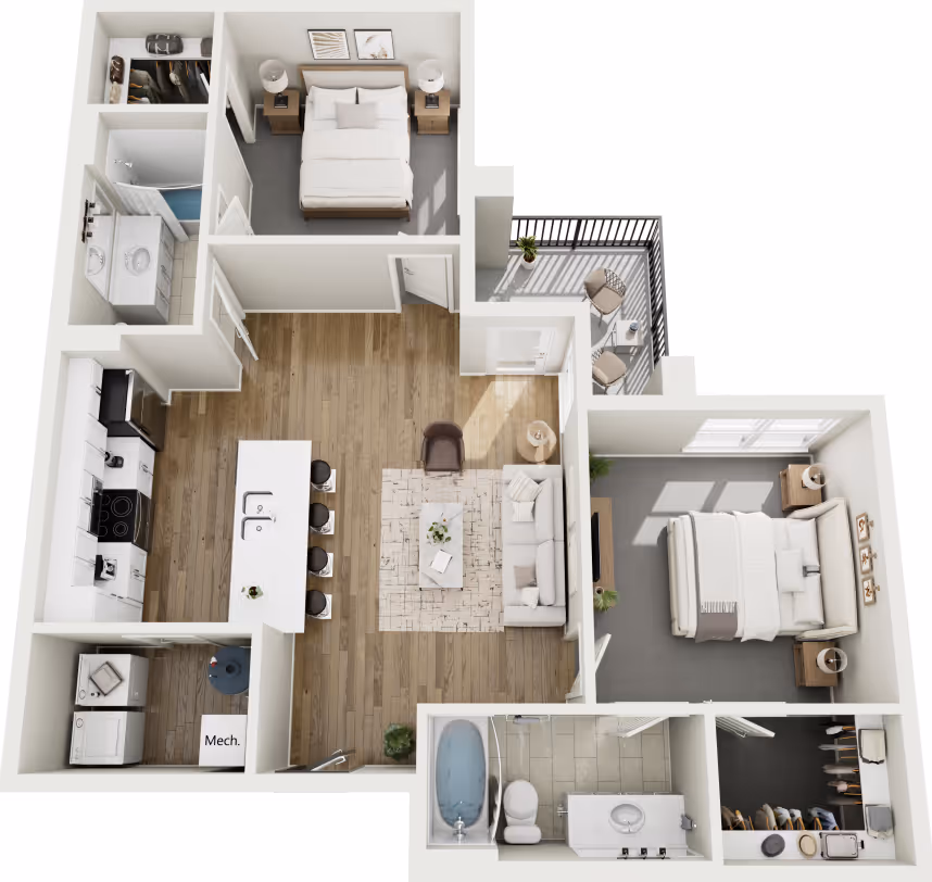 Floor plan rendering of a large 2-bedroom, 2-bathroom apartment model at Red Oaks, featuring a kitchen island, balcony, and spacious living room.