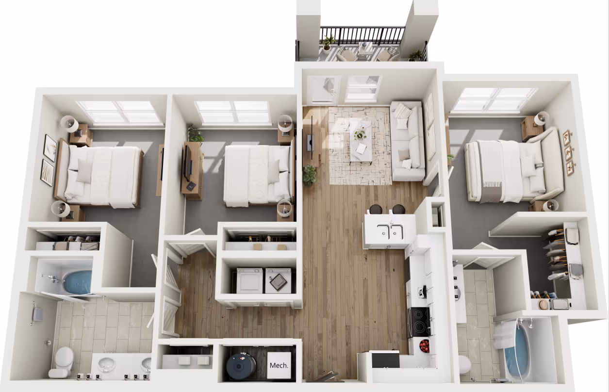 Floor plan rendering of a 3-bedroom, 2-bathroom apartment model at Red Oaks, with an open-concept living area and private balcony.