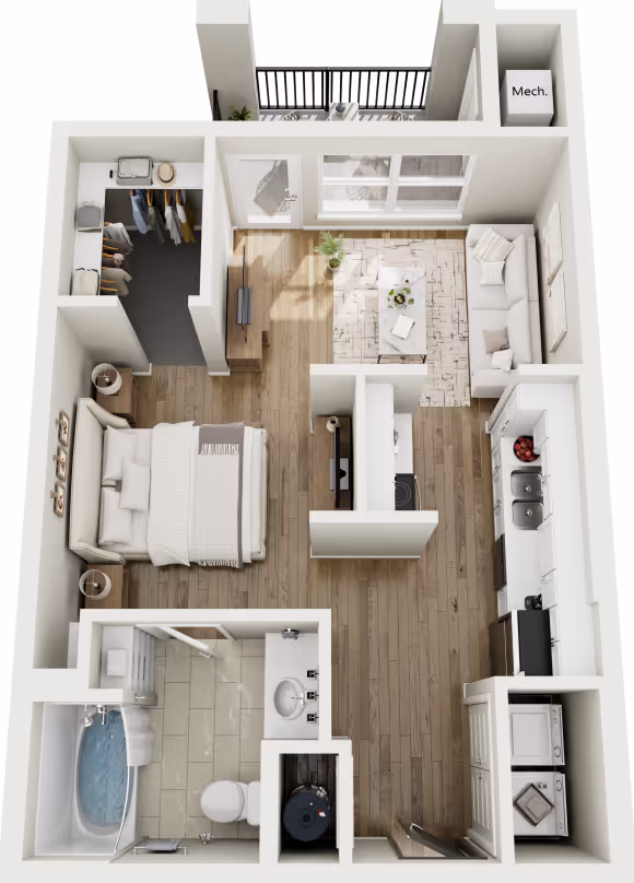 Floor plan rendering of a studio apartment model at Red Oaks, showing a combined living, sleeping, and kitchen area with a walk-in closet and private balcony.