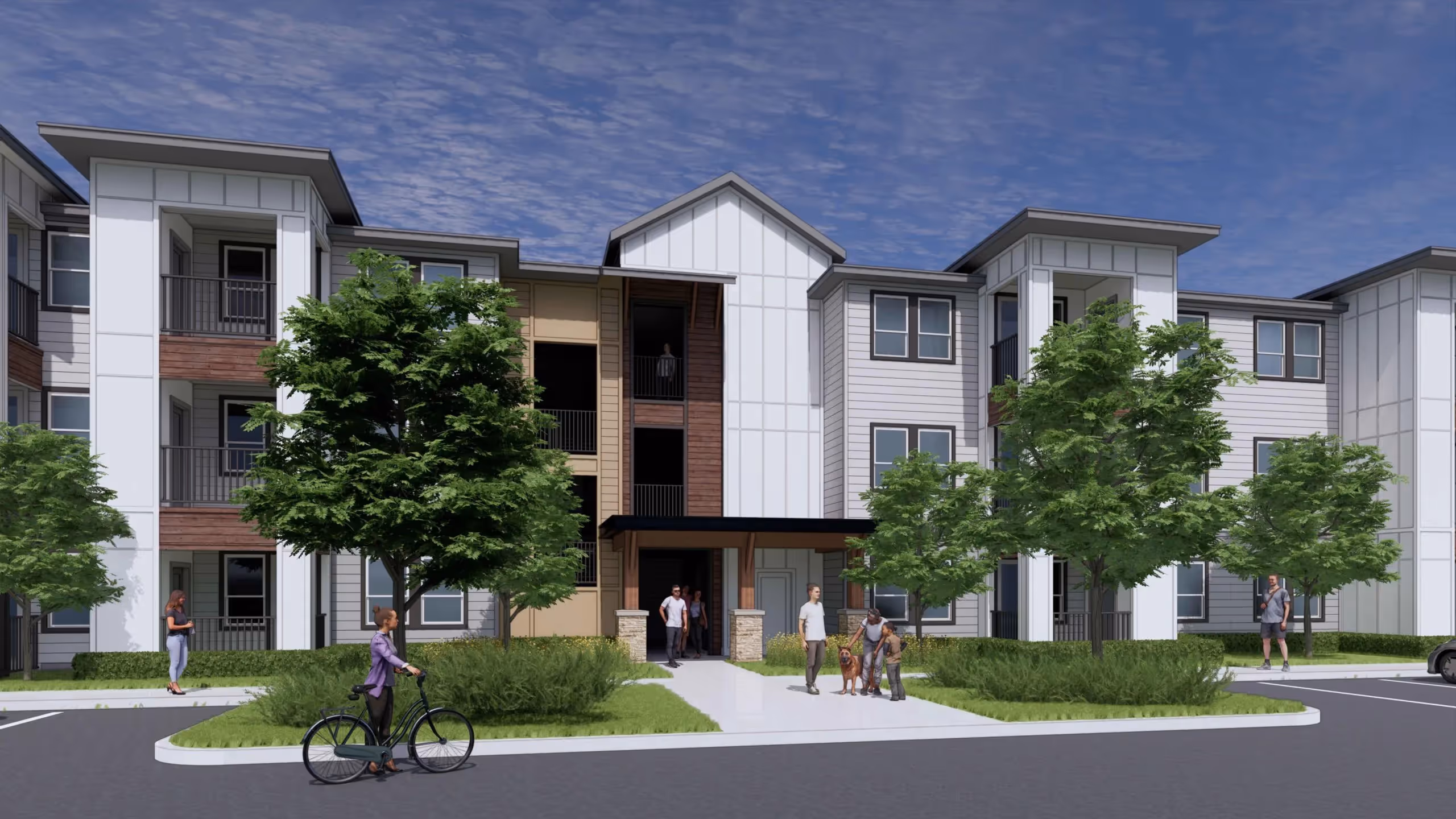 Exterior rendering of the modern apartment building with white siding, wood accents, and a welcoming main entrance at Red Oaks in Austin, TX.