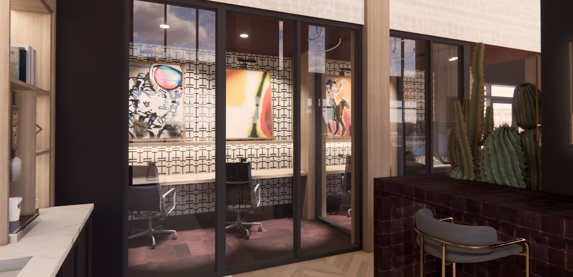 clubhouse working space with desk and chair rendering