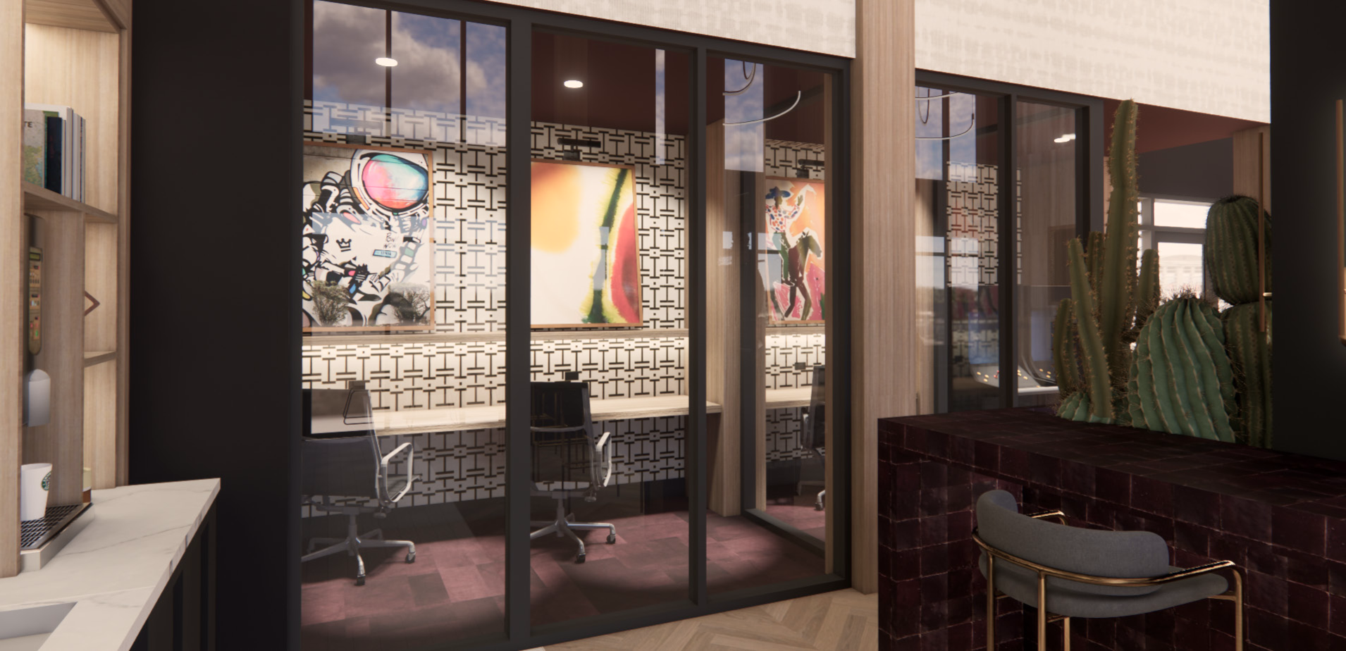 clubhouse working space with desk and chair rendering