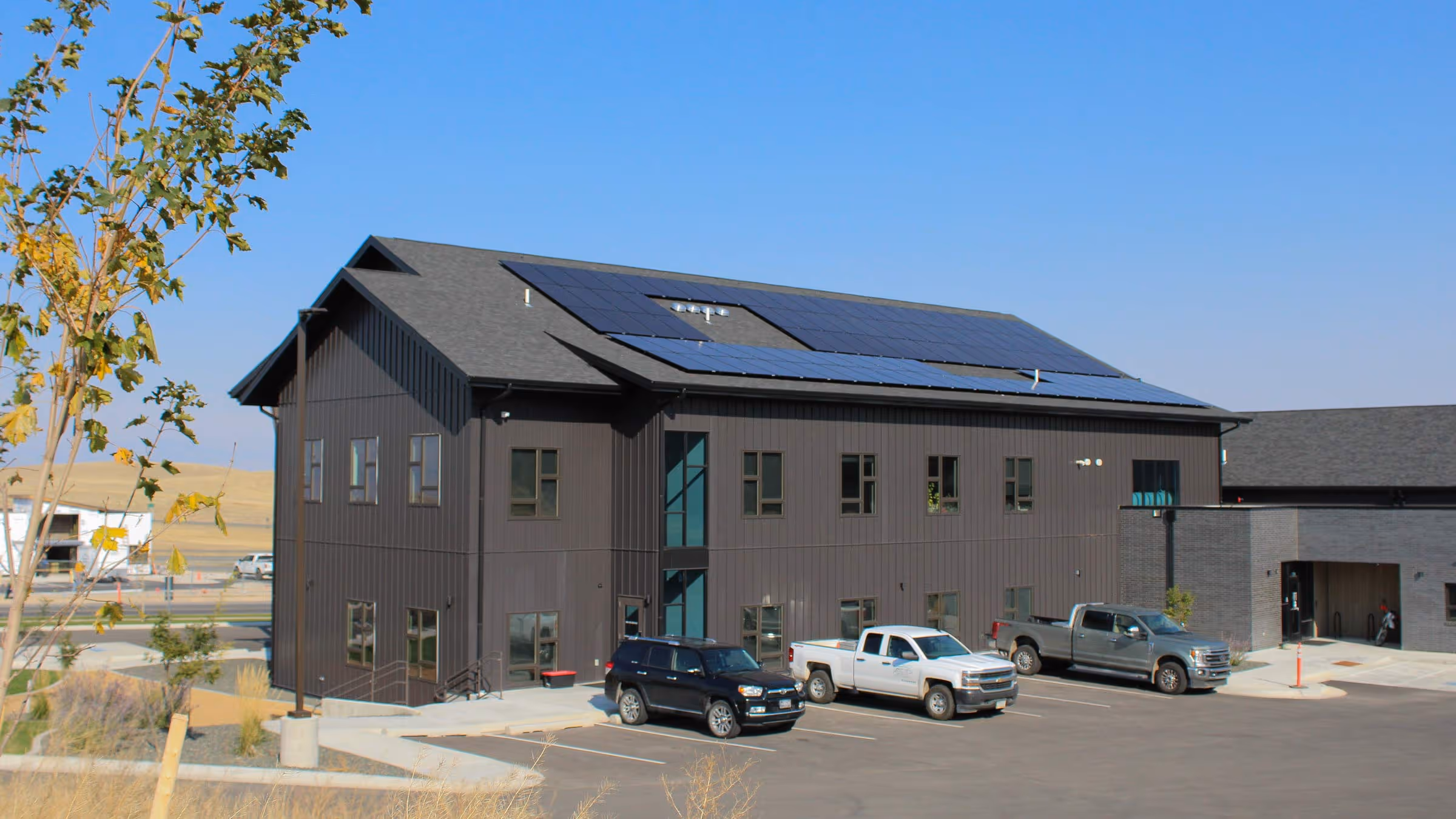 Solar panels on top of a commercial building.