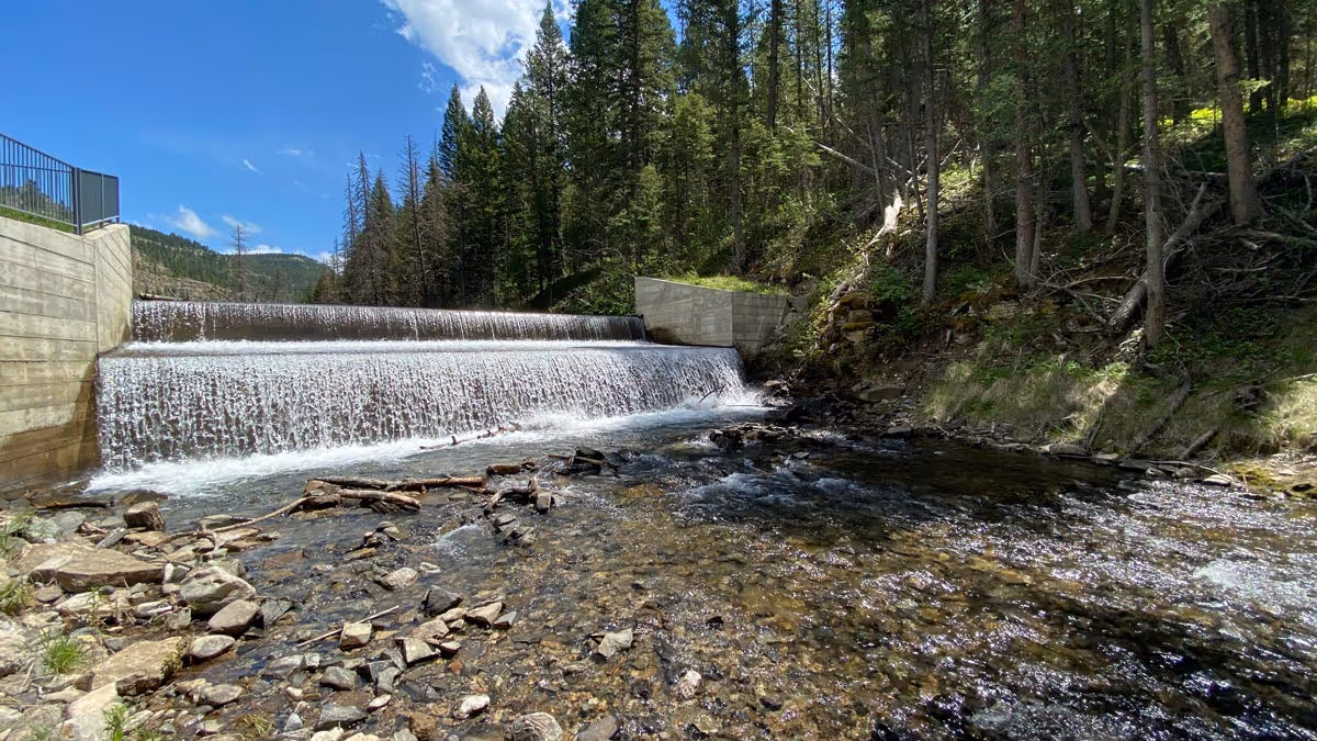 Water flowing over a small dam.