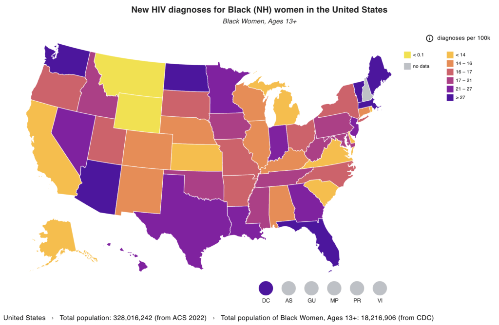 Map from the Health Equity Tracker visualizing Rates of new HIV diagnoses for Black NH women in the US, by state. 