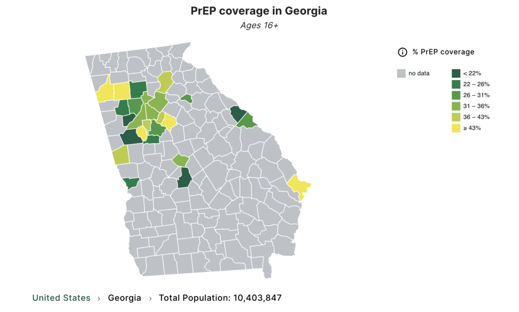 This map illustrates the percentage of PrEP coverage in Georgia. 