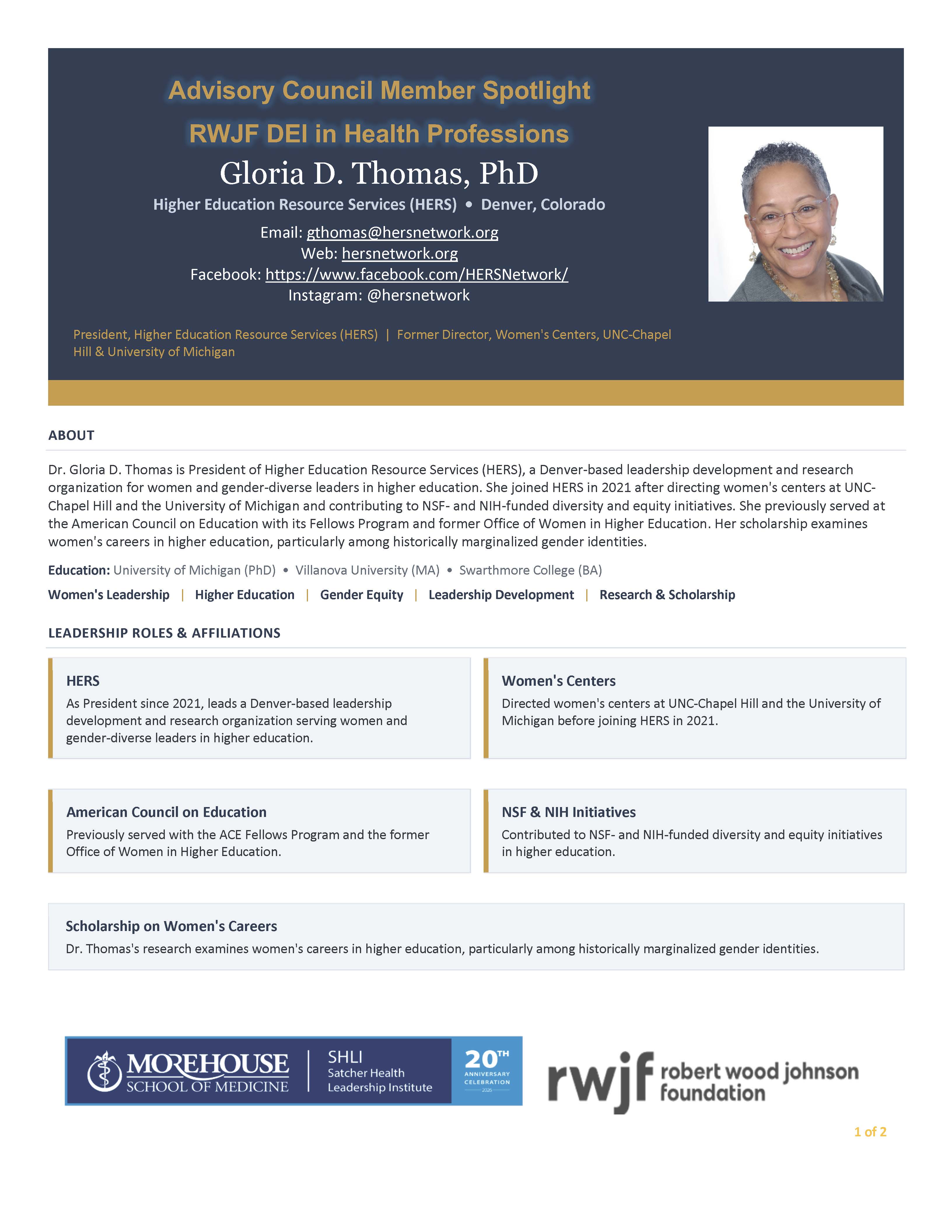Advisory Council Member Spotlight, page 1: Gloria D. Thomas, PhD, President of HERS in Denver, with her background, education, and leadership roles.