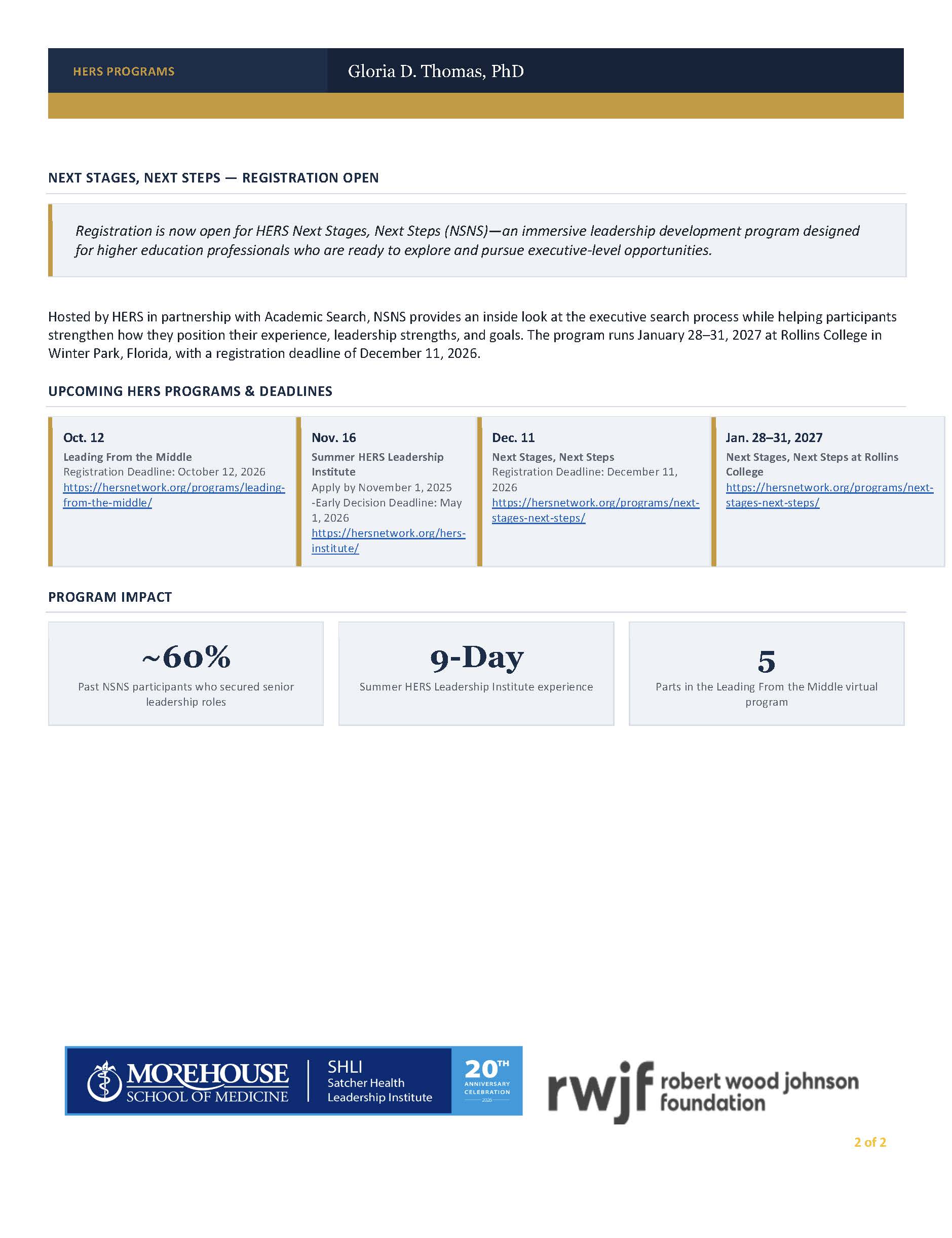 Advisory Council Member Spotlight, page 2: HERS programs, including Next Stages, Next Steps registration, upcoming program deadlines, and program impact figures.