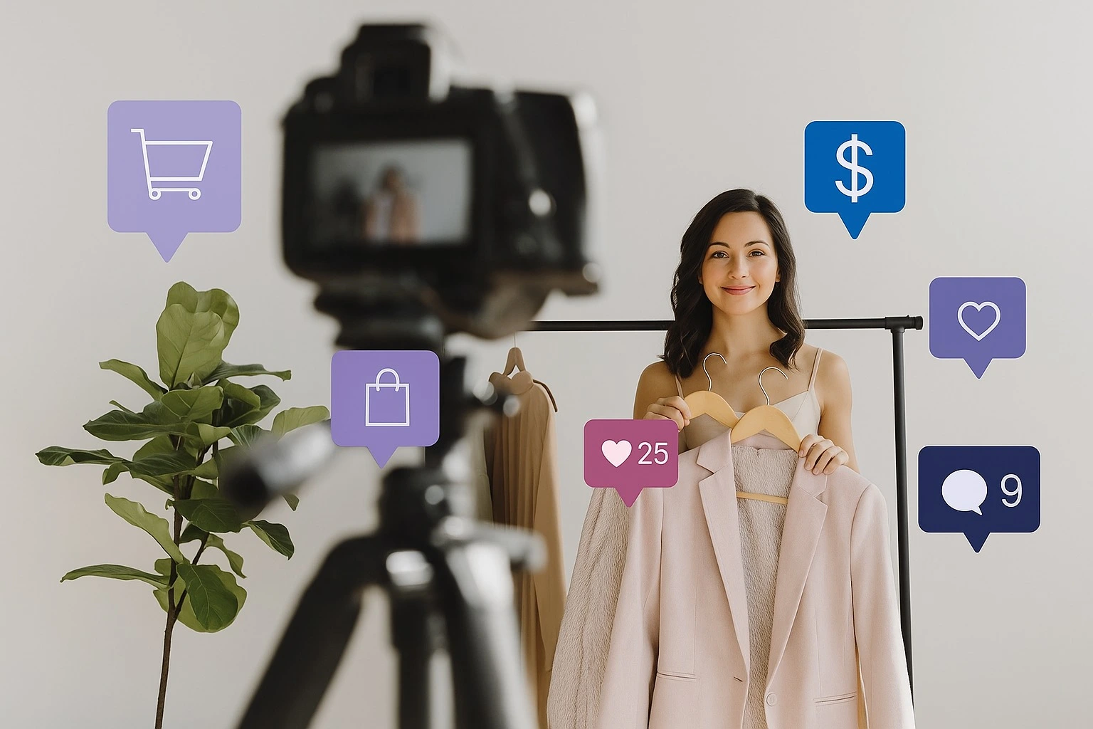 Femeie zambitoare tine o jacheta bej pe umeras in fata camerei, inconjurata de iconite de social media, precum inimioare, comentarii si simboluri de cumparaturi.