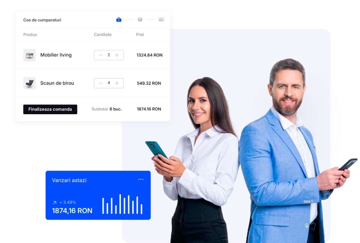 O femeie si un barbat de afaceri zambitori, tinand telefoane mobile, langa o interfata de cos de cumparaturi si grafice cu vanzari online.
