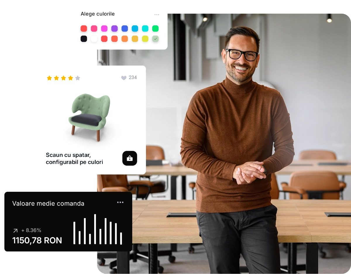 Barbat zambitor intr-o sala de conferinte, alaturi de exemple de functionalitati ecommerce: selectie de culori pentru produs, scaun configurabil si grafic cu valoarea medie a comenzilor.