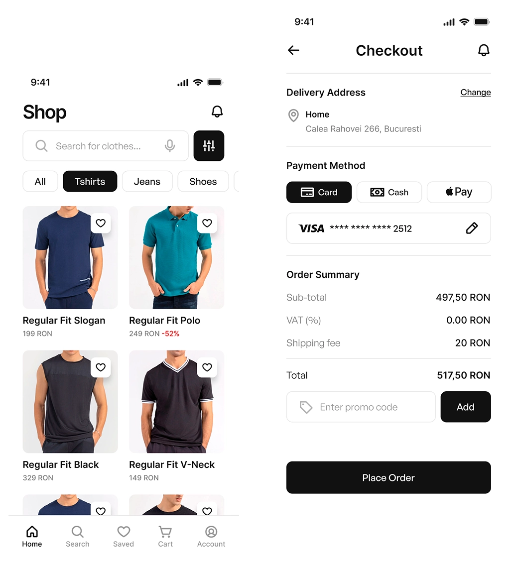 Interfata unei aplicatii mobile care afiseaza un ecran de cumparaturi cu diverse tricouri listate si un ecran de finalizare a comenzii cu adresa de livrare, optiuni de plata si rezumatul comenzii.
