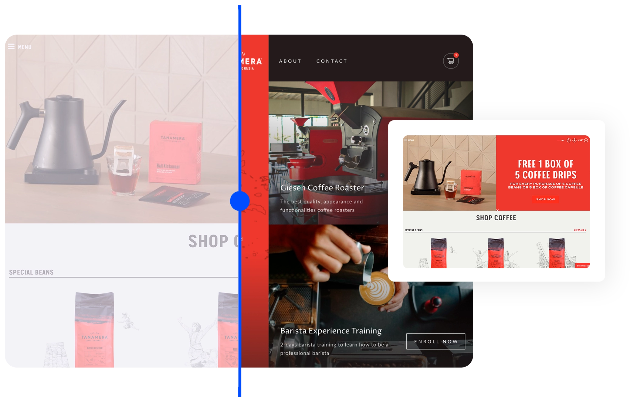 Imagine cu ecran impartit comparand doua pagini web. In partea stanga este un design minimalist cu tema de cafea, iar in partea dreapta un layout mai dinamic, cu continut despre prajitor de cafea si instruire barista.