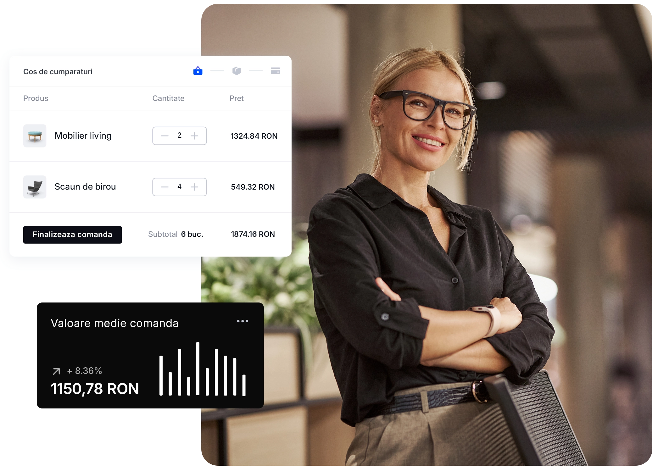 Femeie zambitoare intr-un birou, cu bratele incrucisate, purtand ochelari si camasa neagra. Cosul de cumparaturi arata articole de mobilier si preturile acestora. Graficul cu bare indica datele despre vanzari.