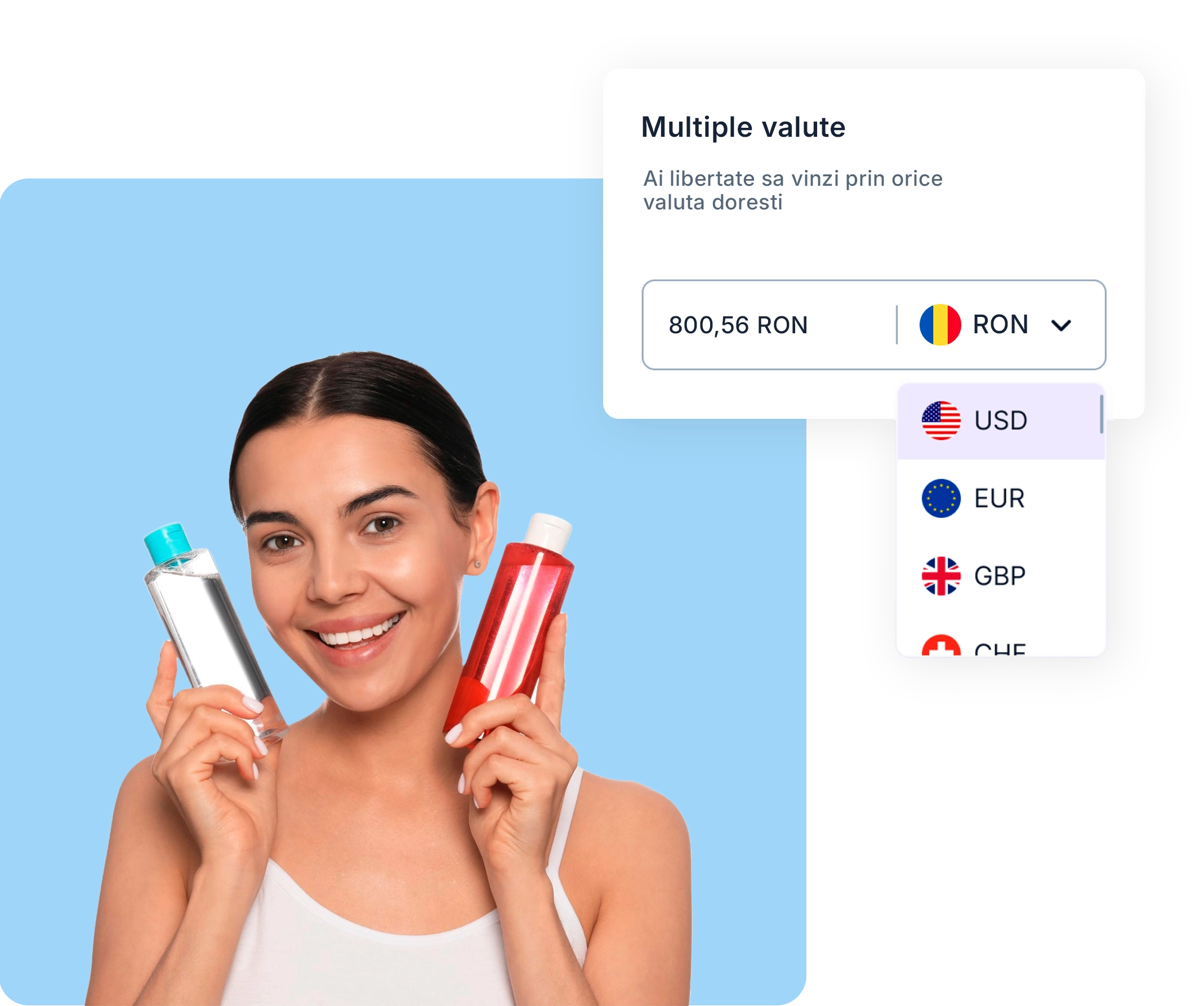 Femeie zambitoare tine doua sticle pe un fundal albastru, cu o caseta de selectare a monedei care afiseaza optiuni precum USD, EUR si GBP.