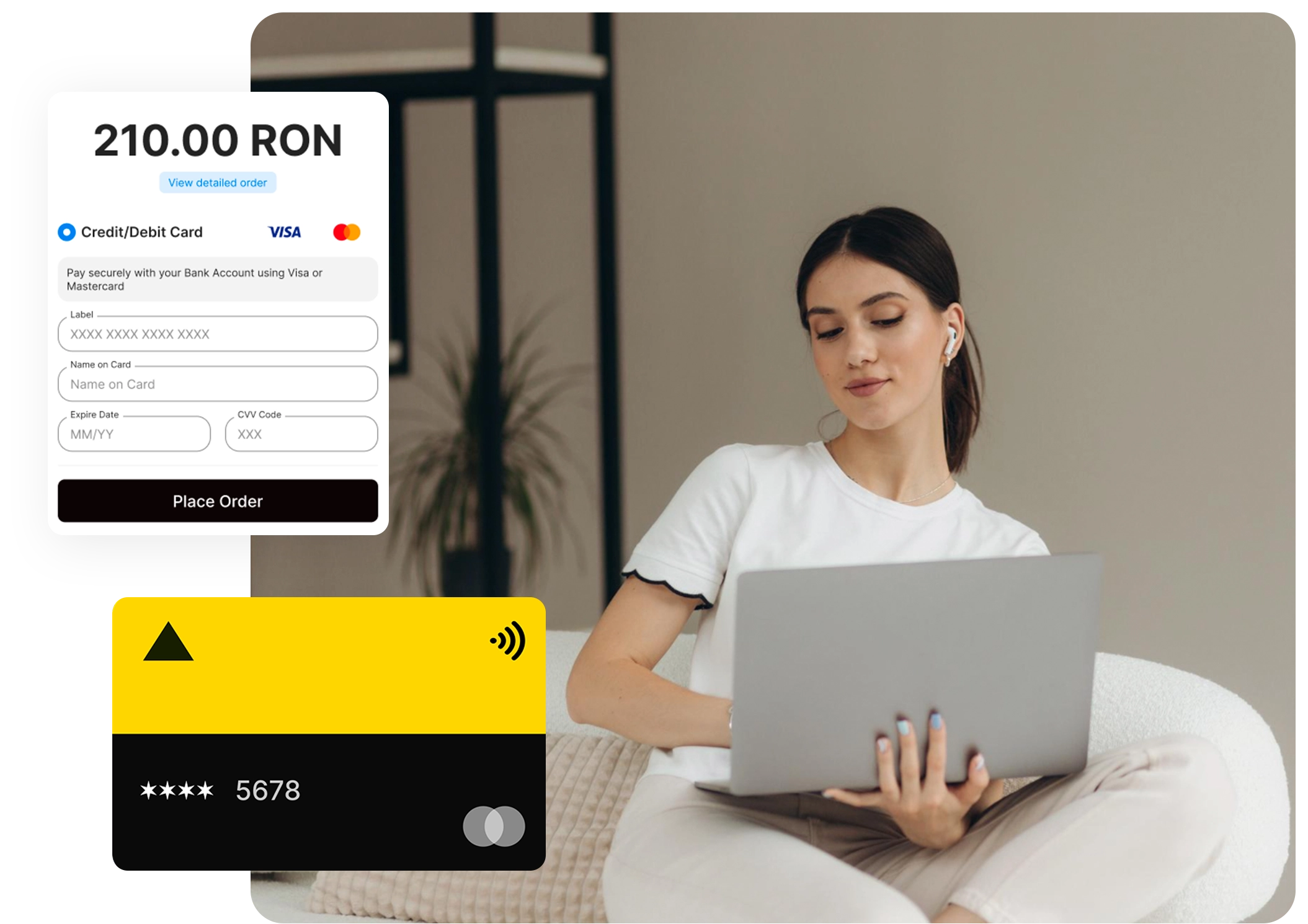 Femeie imbracata cu camasa alba, purtand casti wireless, sta pe o canapea bej folosind un laptop. Peste fotografie apare o interfata de plata si imaginea unui card. Atmosfera este calma.
