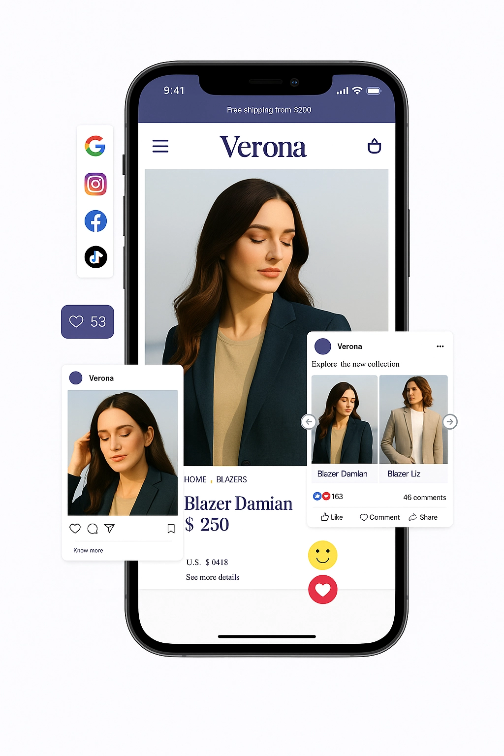 Ecranul unui telefon mobil afiseaza o aplicatie de moda cu o femeie intr-un blazer, inconjurata de iconite de social media. Tonul este modern si stilat.