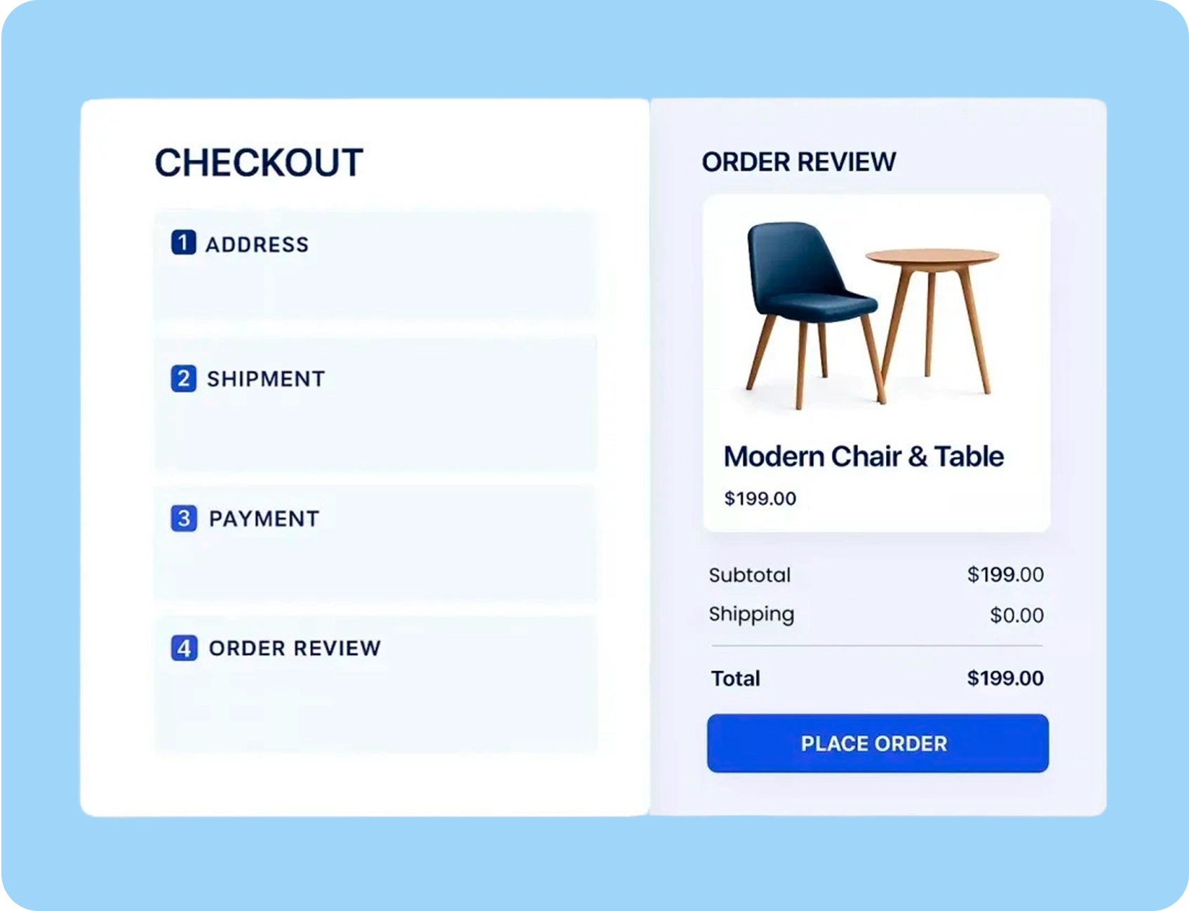 Pagina de finalizare a comenzii cu tema albastru si alb. In stanga sunt pasii: Adresa, Livrare, Plata, Revizuire Comanda. In dreapta: revizuirea comenzii pentru un set format din scaun si masa, cost $199, cu un buton „Plaseaza Comanda”.