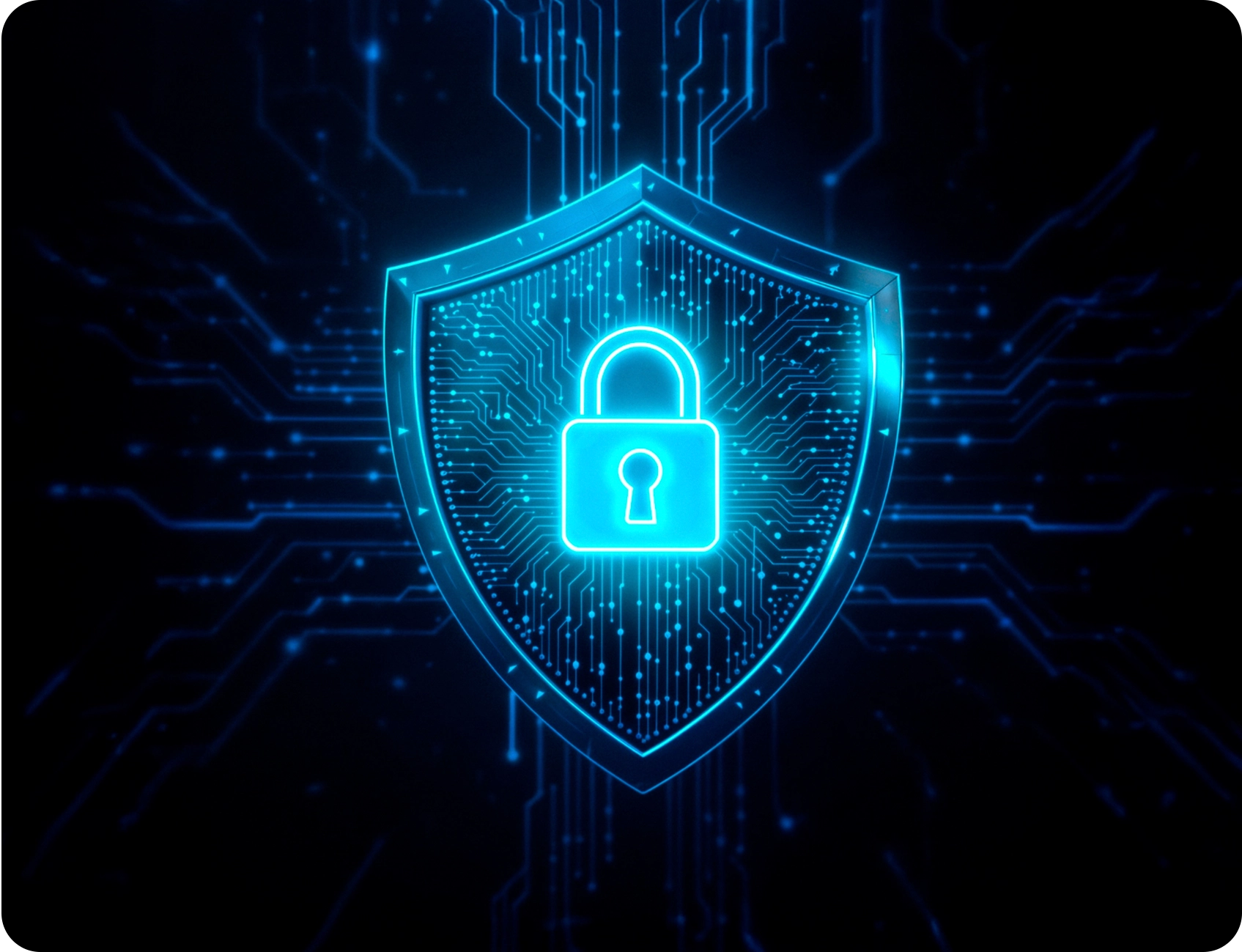 Un lacat albastru stralucitor pe un scut simbolizeaza securitatea cibernetica. Este plasat pe un fundal inchis cu modele de circuite, transmitand siguranta si tehnologie.