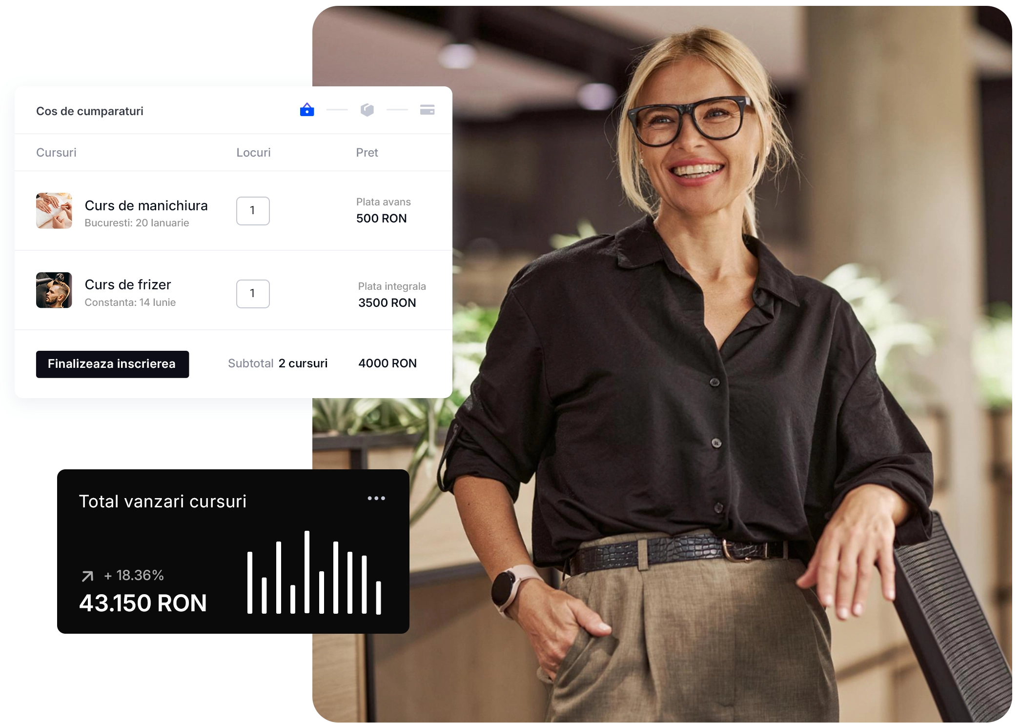Femeie zambitoare sta increzatoare intr-un birou. Grafice suprapuse arata achizitii de cursuri si cresterea vanzarilor, sugerand succes in afaceri si optimism.