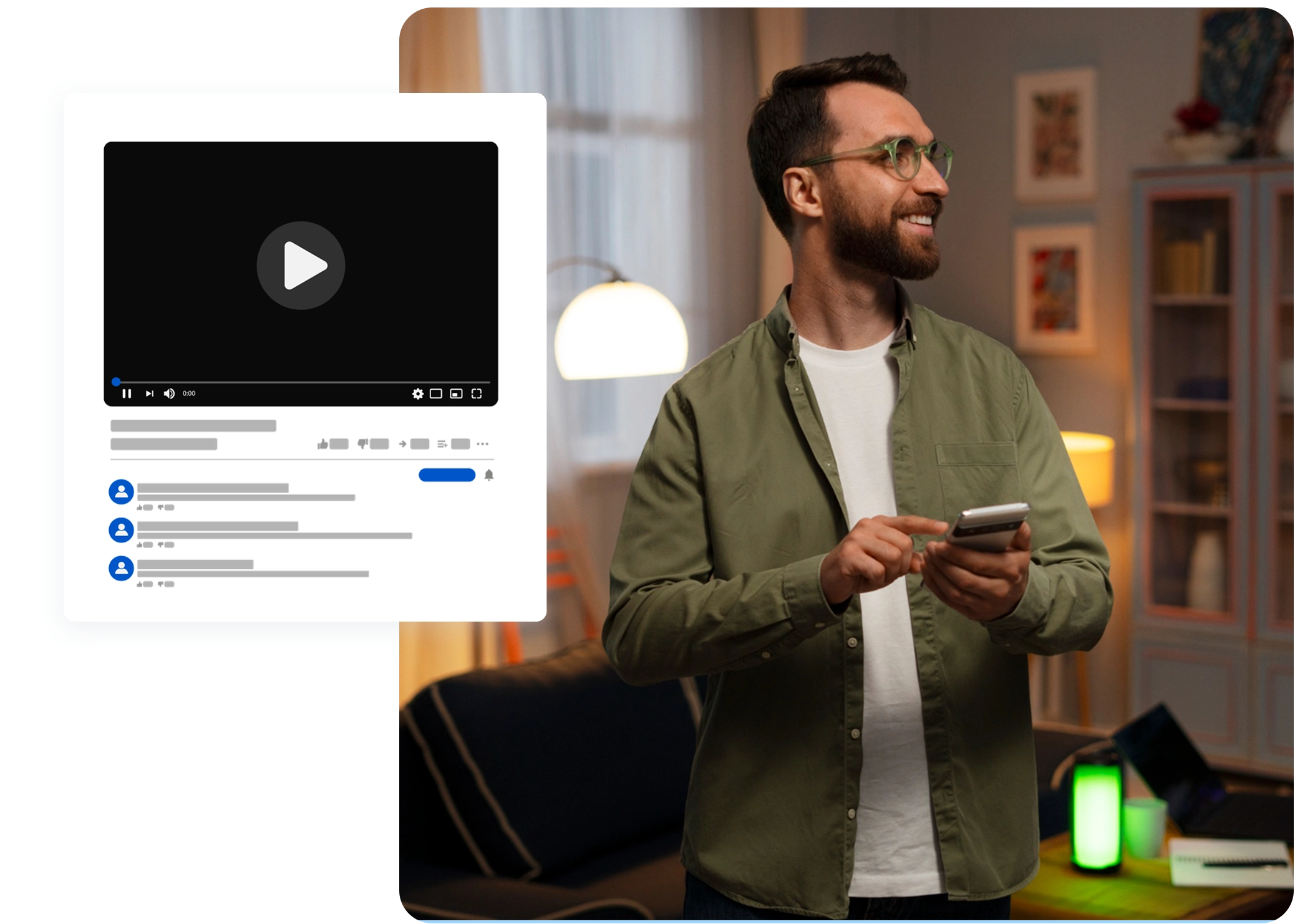Barbat cu barba, purtand ochelari si camasa verde, sta zambind si tine un smartphone. Langa el este afisat un player digital media. Camera este luminata cald, cu decor primitor.