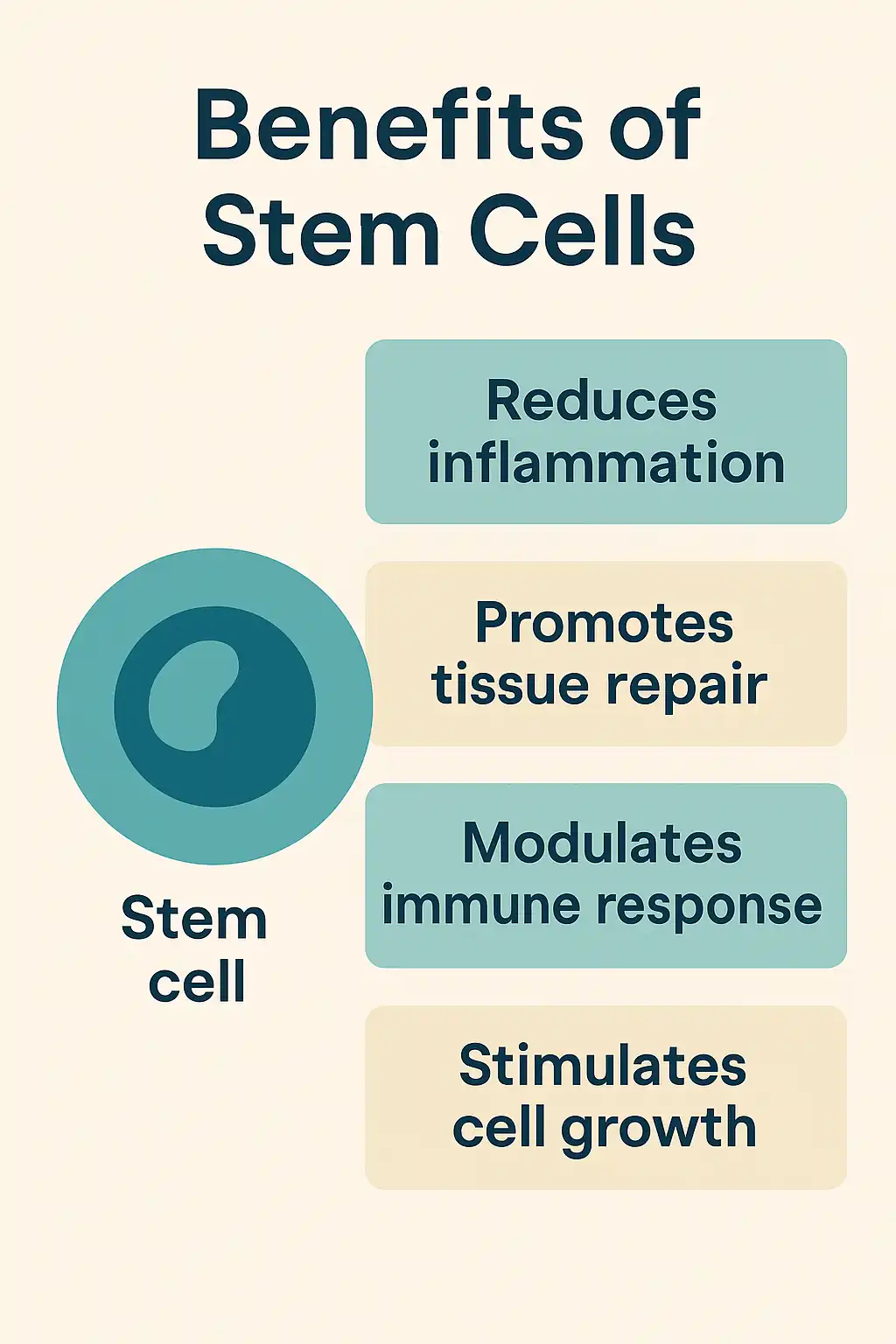 Infographic summarizing the key regenerative effects of mesenchymal stem cells (MSCs) used in back pain treatment.