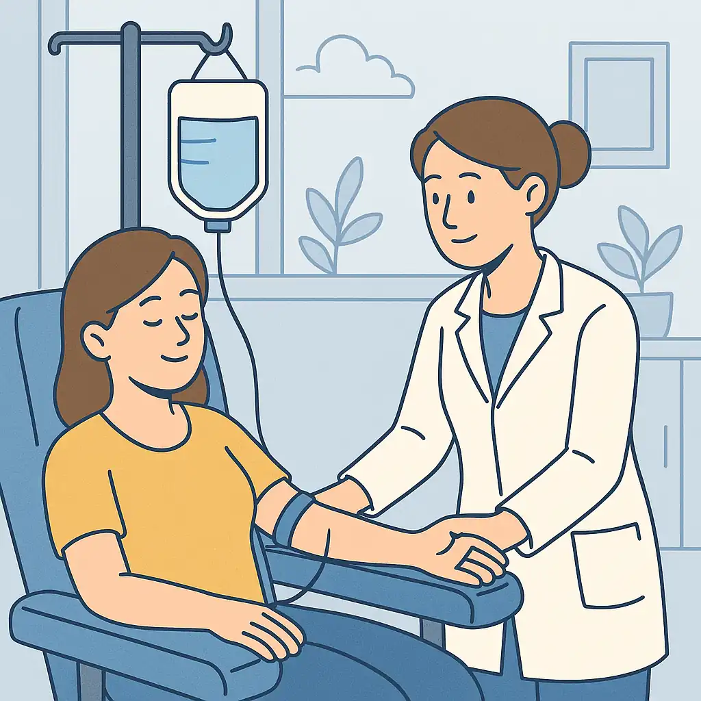 “Cartoon-style illustration of a relaxed person receiving IV therapy in a bright, modern wellness clinic with plants and sunlight, conveying a calm and comfortable treatment environment.”