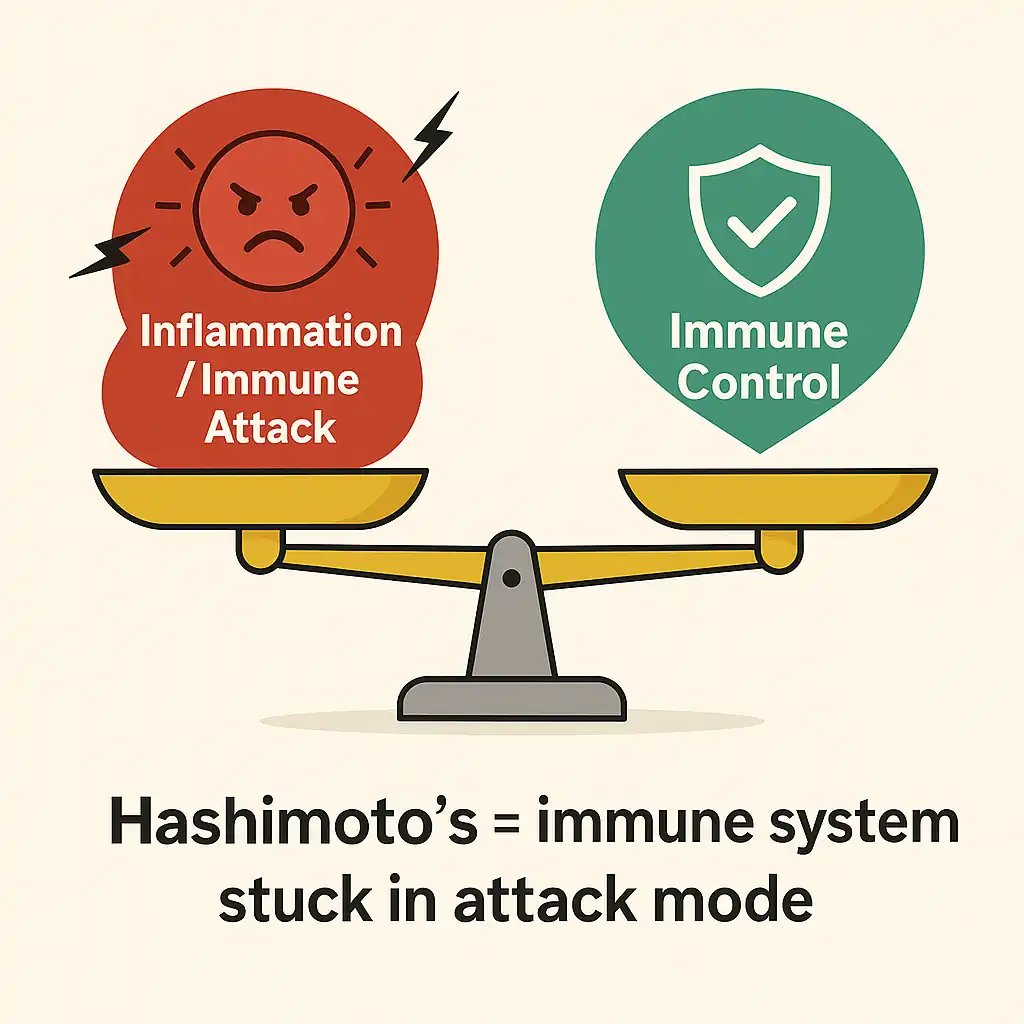 Illustration showing an imbalanced immune system in Hashimoto’s disease, with inflammation and immune attack outweighing immune control, representing the immune system stuck in attack mode.