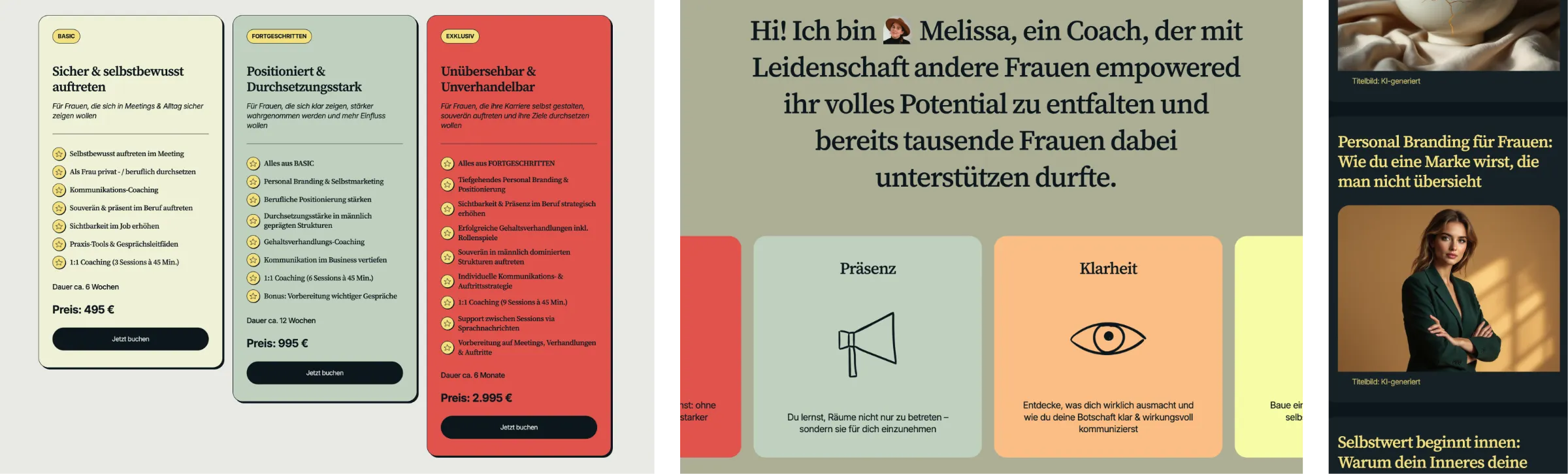 Website Melissa Antczak: Coaching-Pakete, Startseite und Blog