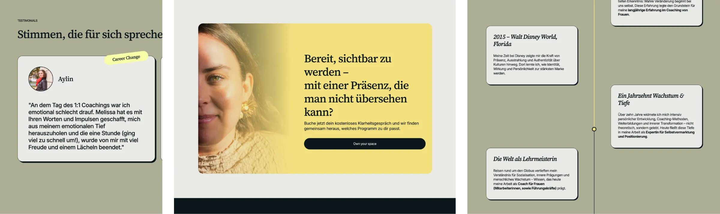 Website Melissa Antczak: Testimonials, Call-to-Action und Werdegang