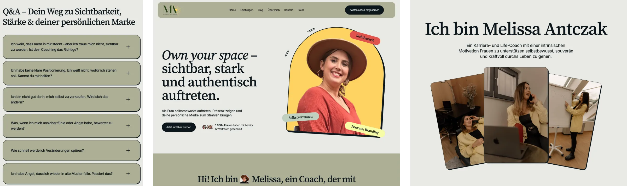 Website Melissa Antczak: FAQ, Hero-Bereich und Über-mich-Seite