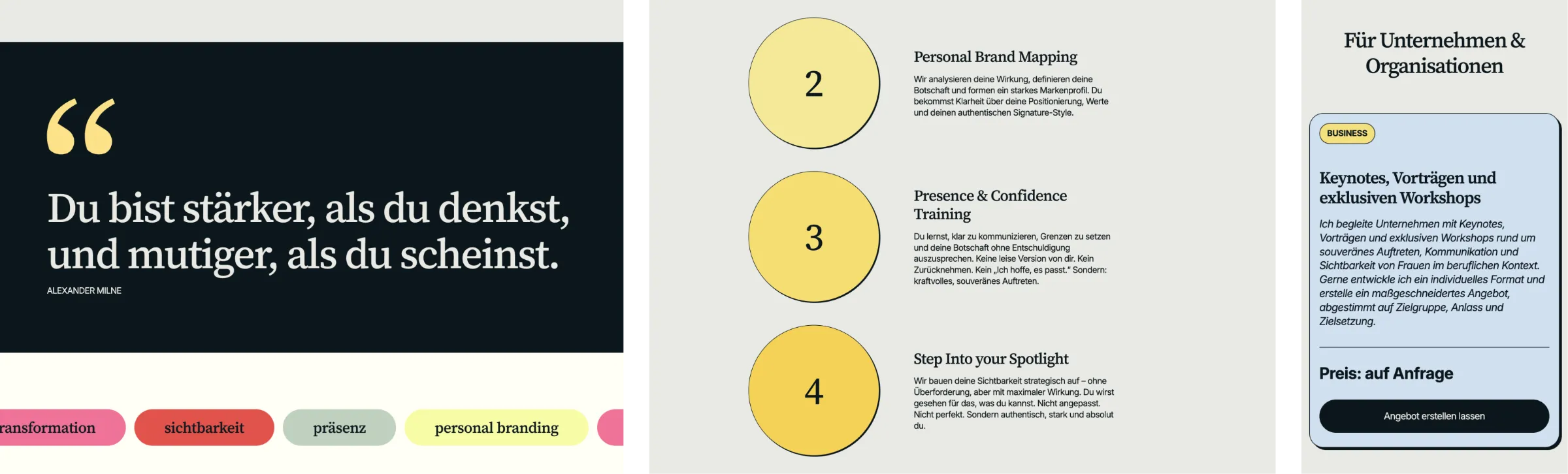 Website Melissa Antczak: Zitat, Coaching-Prozess und Business-Angebot