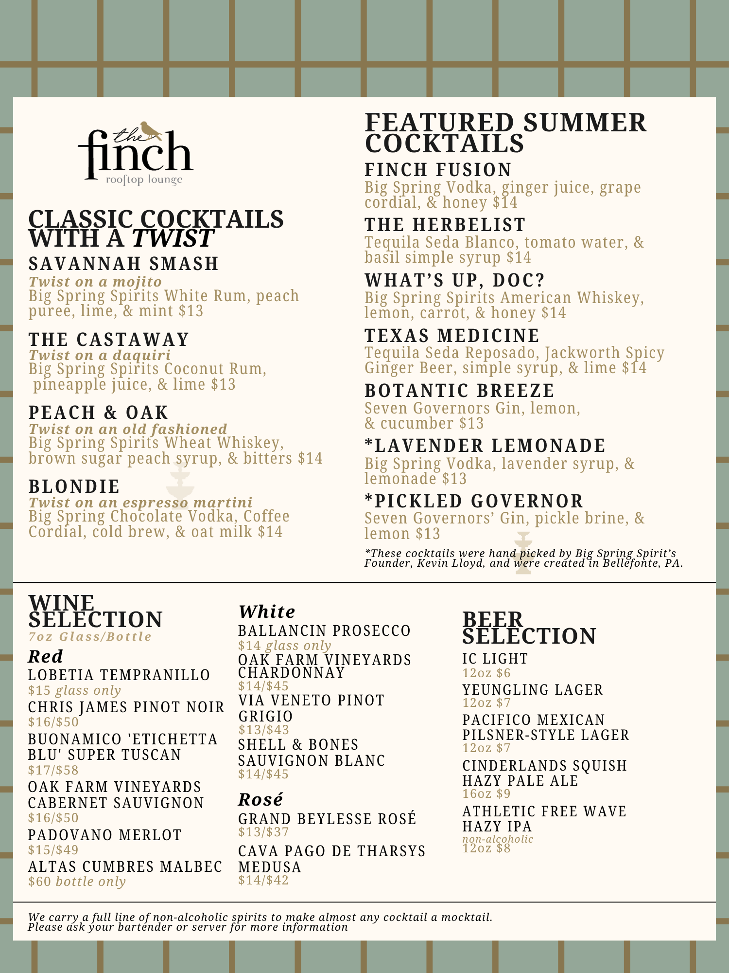 The Finch drink menu