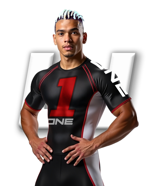 A Jiu-Jitsu athlete standing in front of the letter u, is wearing a one-on-one submission grappling rash guard.