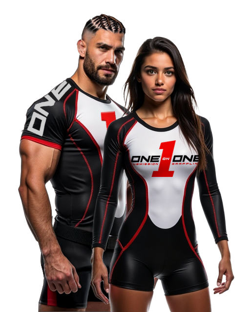 Two Jiu Jitsu athletes with one-on-one submission grappling rash guards on.