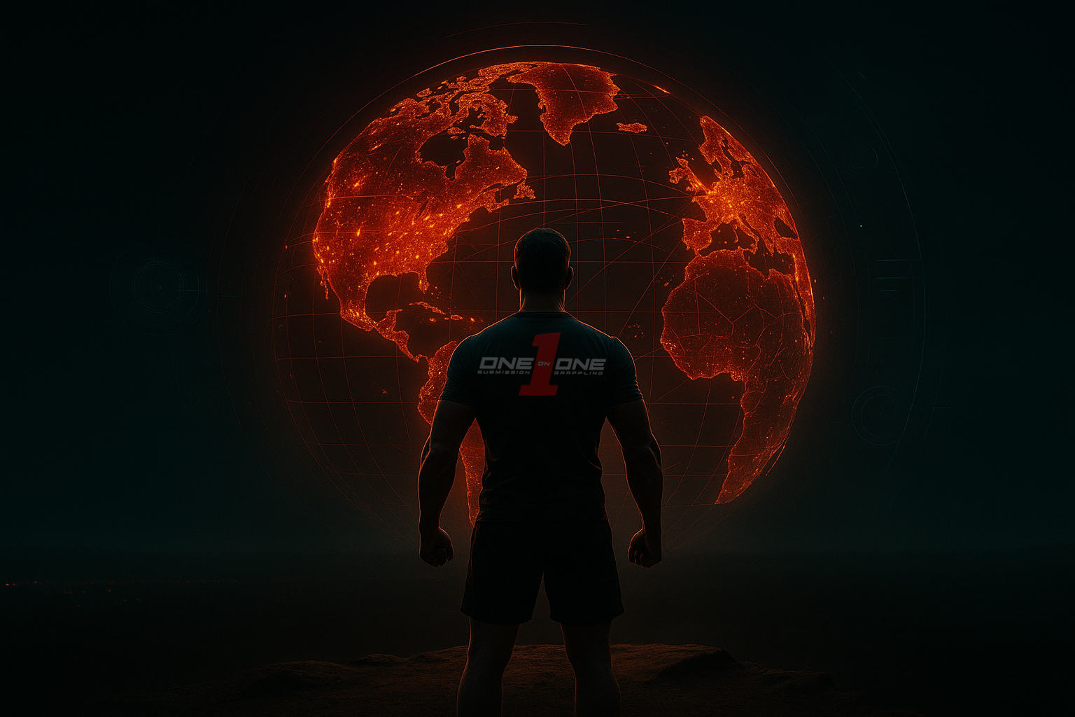 This is an image of a man wearing a one-on-one submission grappling t-shirt in front of a globe.