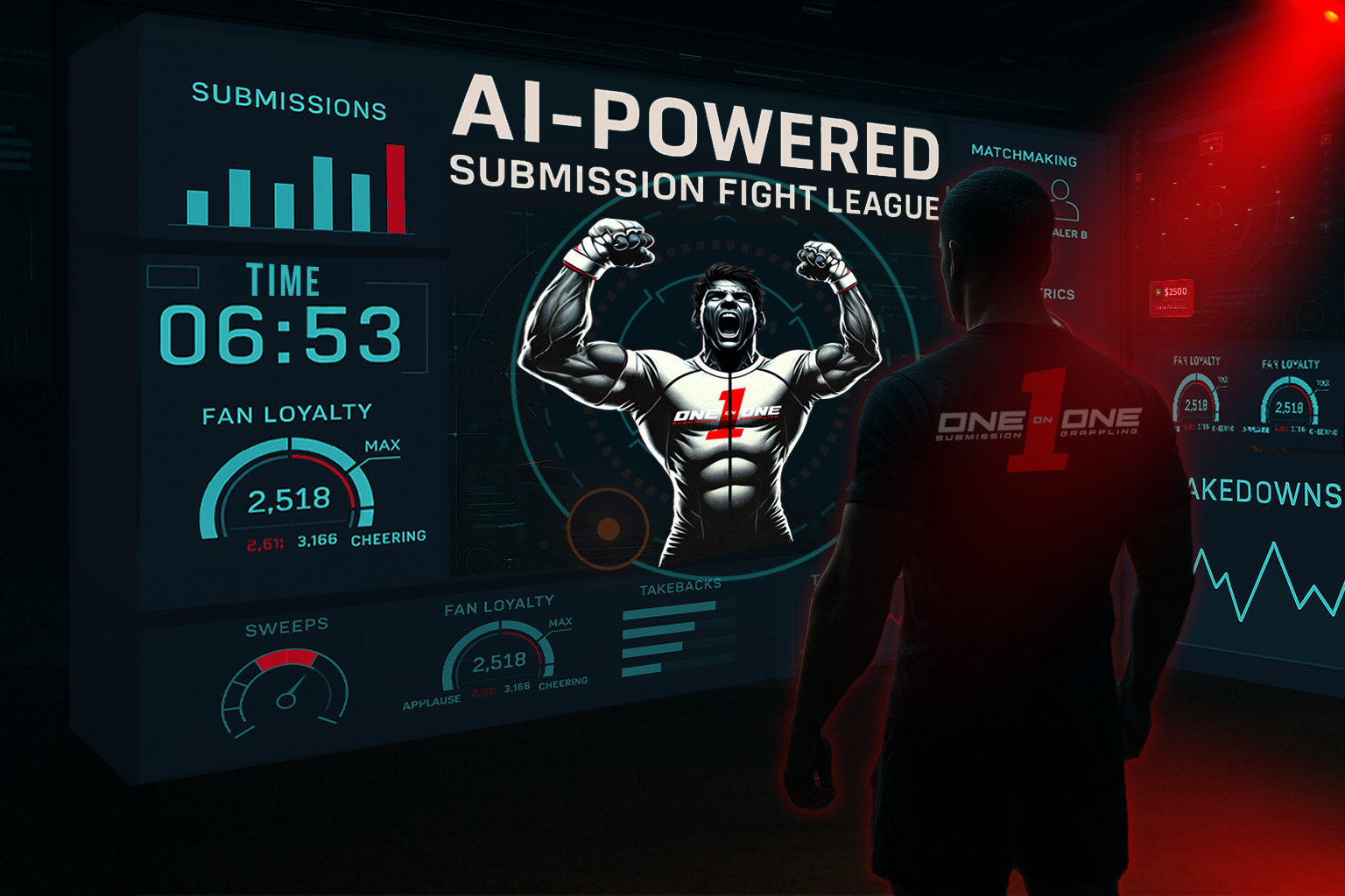 This is an image of a man looking at an ai-powered submission grappling platform.