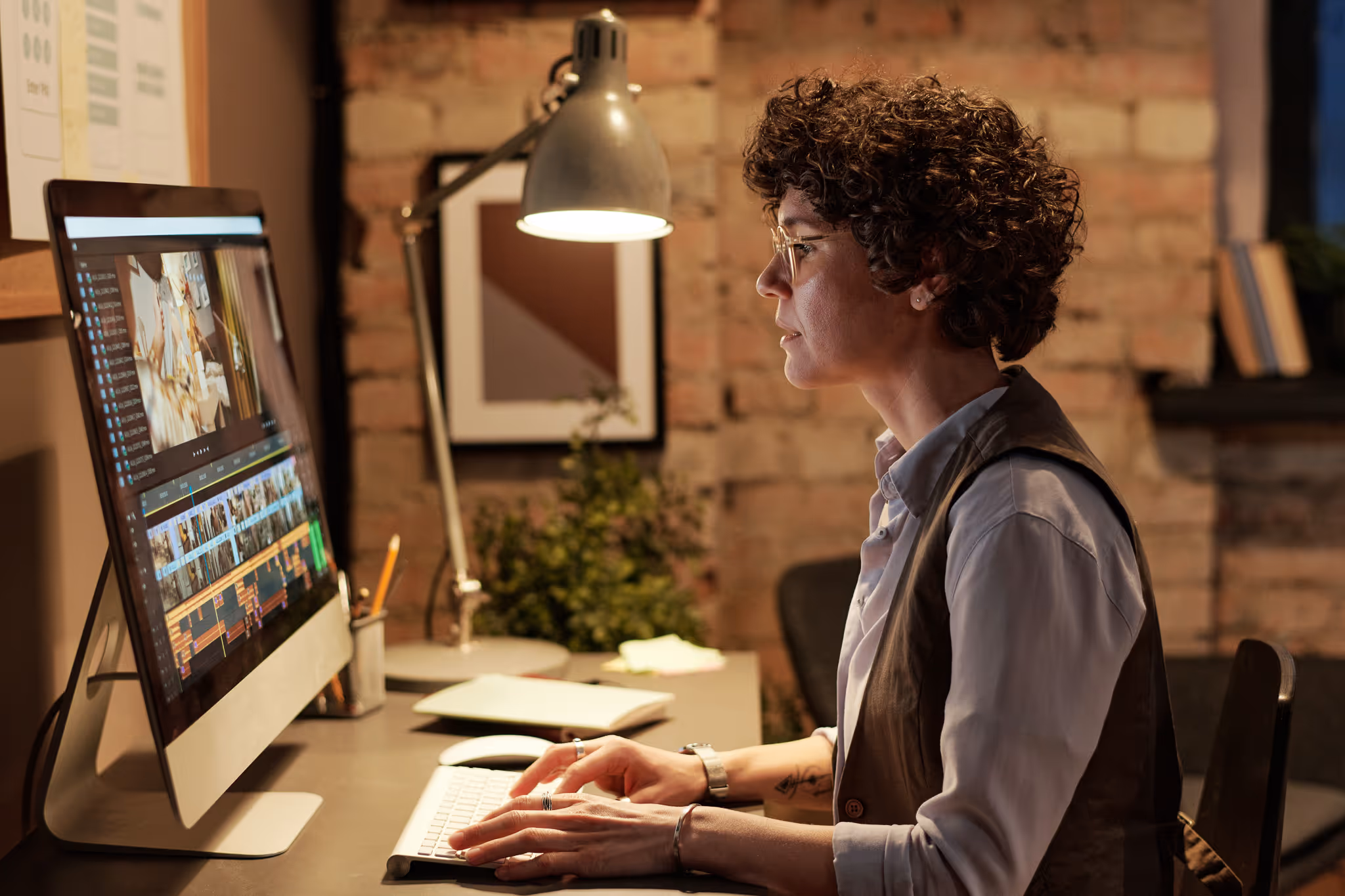 Woman sits at a desk working on her computer
