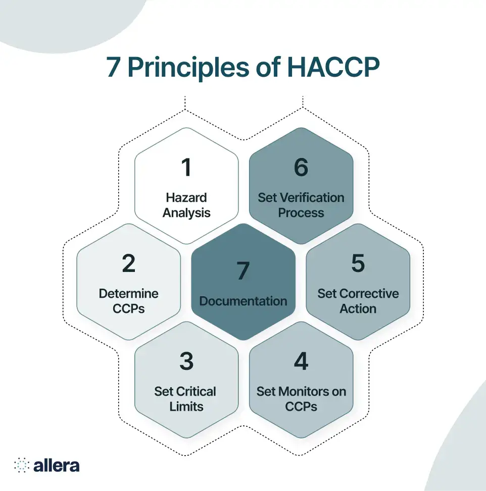 A diagram showing 7 Principles of HACCP in hexagons: Hazard Analysis, Determine CCPs, Set Critical Limits, Set Monitors on CCPs, Set Corrective Action, Set Verification Process, and Documentation. 