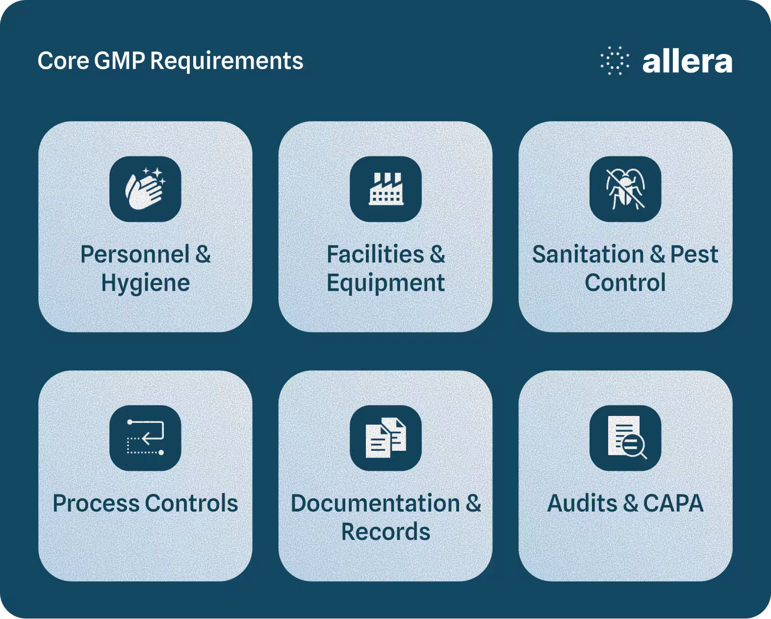 Diagram showing the six core GMP requirements in food manufacturing, including personnel hygiene, facilities and equipment, sanitation and pest control, process controls, documentation and records, and audits with CAPA.