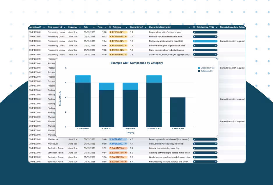 Comprehensive GMP inspection checklist template for food industry showing detailed audit items, non-conformance tracking, corrective actions, and compliance by category bar chart.