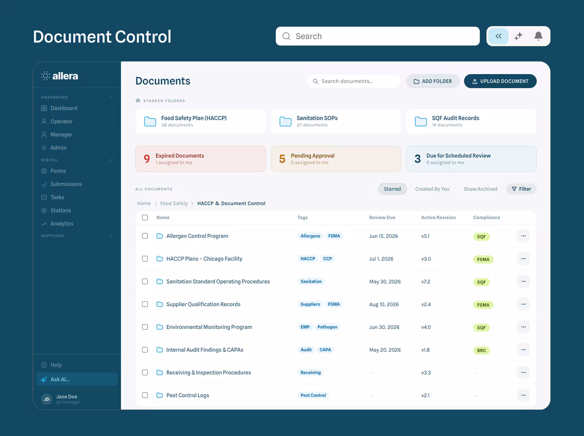 Allera AI compliance review checking an SOP against SQF clauses